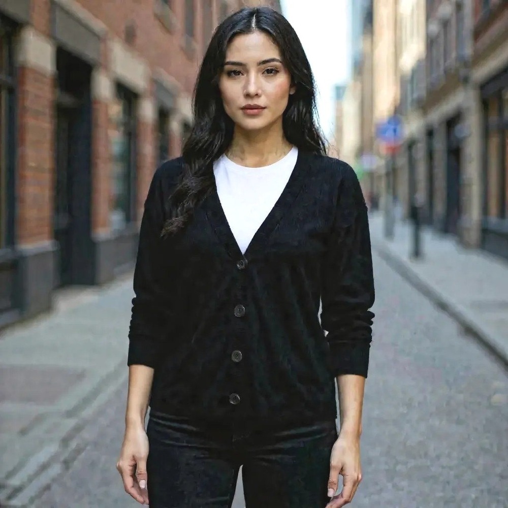Open Edit Sweater Women's Large Button Front‎ Cardigan Ribbed Black Long Sleeve